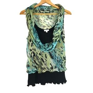 Cache Silk layered animal print cowl neck sleeveless top womens‎ large sheer Y2K